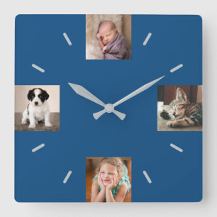 Create Your Own 4 Photo Modern Blue Square Wall Clock