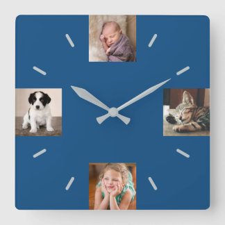 Create Your Own 4 Photo Modern Blue Square Wall Clock