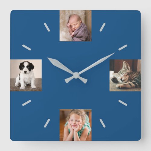 Create Your Own 4 Photo Modern Blue Square Wall Clock