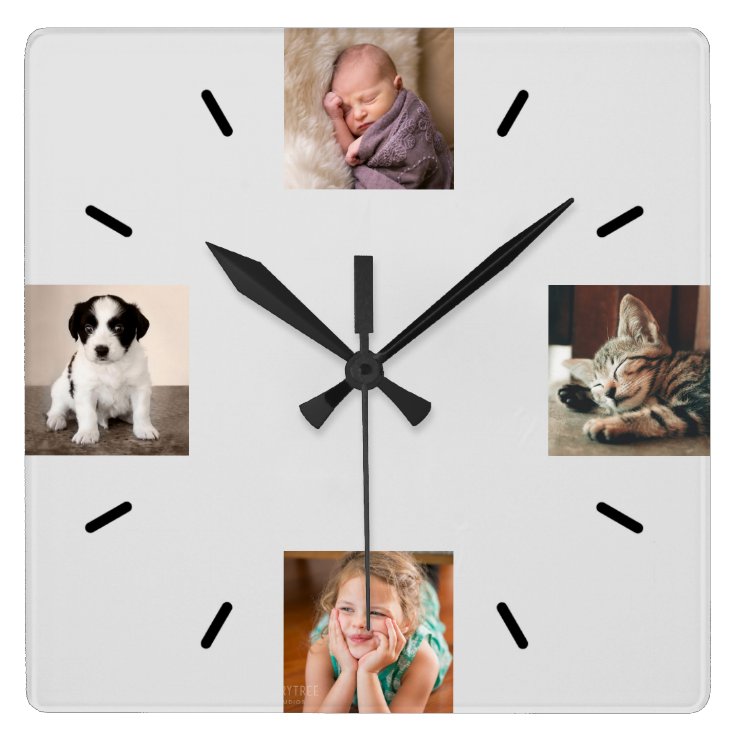 Create Your Own 4 Photo Modern Gray Square Wall Clock Zazzle