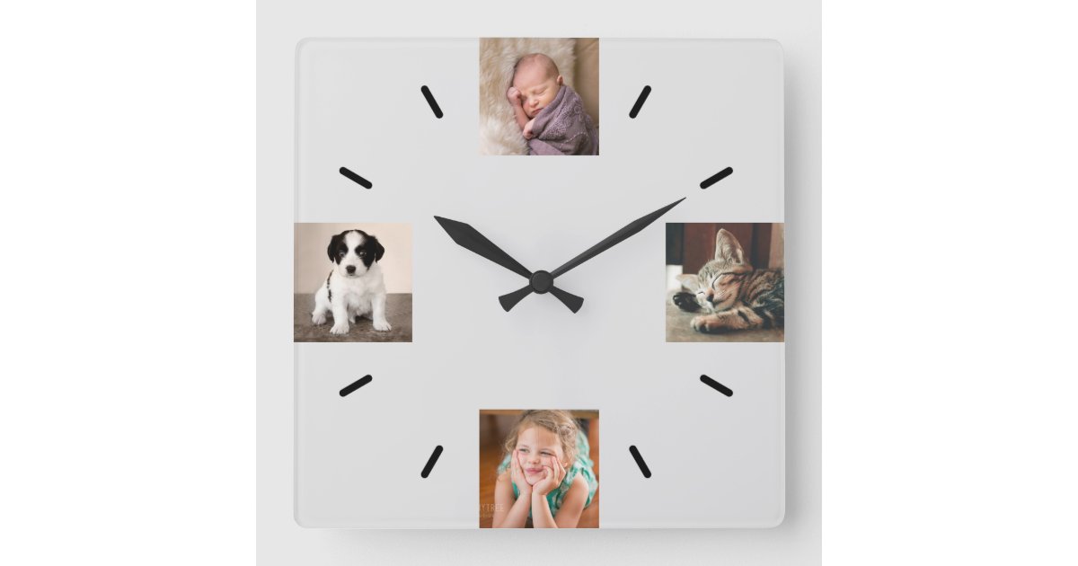 Create Your Own 4 Photo Modern Gray Square Wall Clock Zazzle
