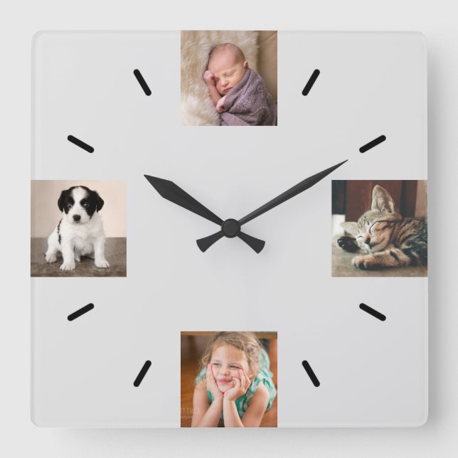 Create Your Own 4 Photo Modern Gray Square Wall Clock (Front)