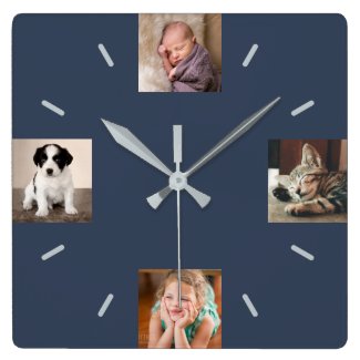 Create Your Own 4 Photo Modern Navy Blue Square Wall Clock
