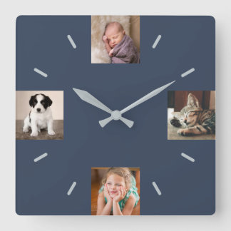 Create Your Own 4 Photo Modern Navy Blue Square Wall Clock