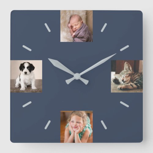 Create Your Own 4 Photo Modern Navy Blue Square Wall Clock