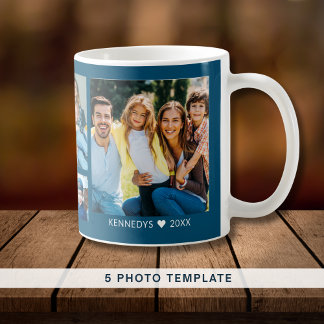 Create Your Own 5 Family Photo Collage Quote  Blue Coffee Mug