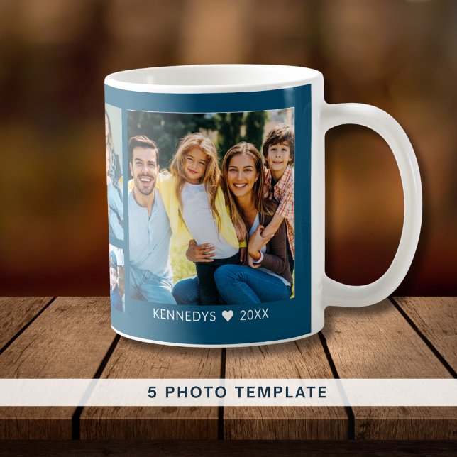 Create Your Own 5 Family Photo Collage Quote  Blue Coffee Mug (Creator Uploaded)