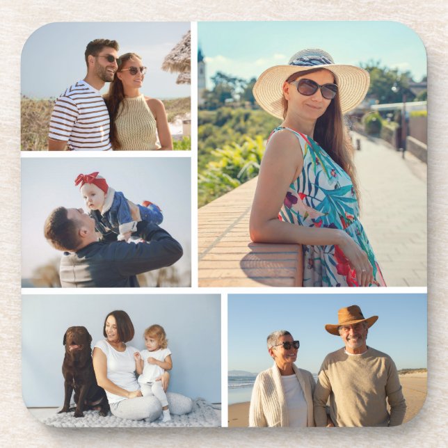 Create Your Own 5 Photo Collage Beverage Coaster (Front)