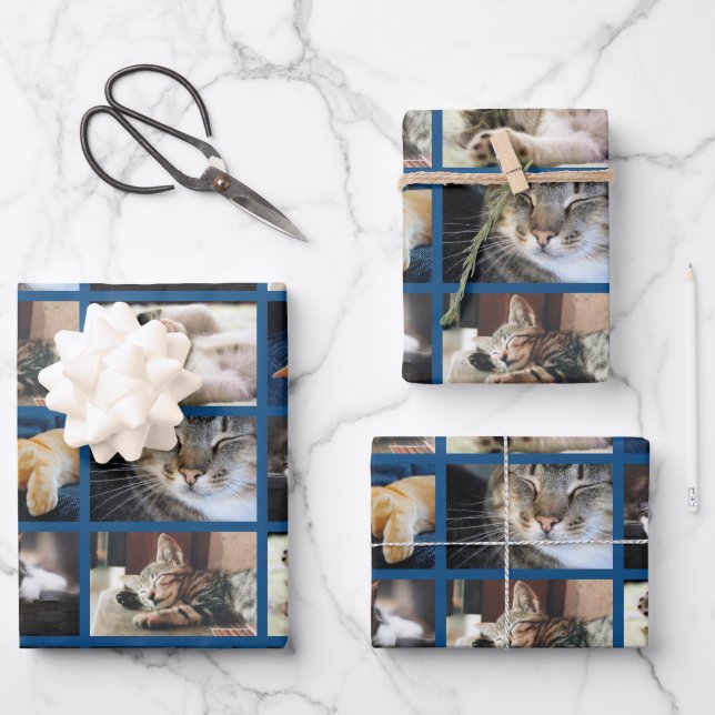 Create Your Own 5 Photo Collage Blue Border Wrapping Paper Sheets (Front)