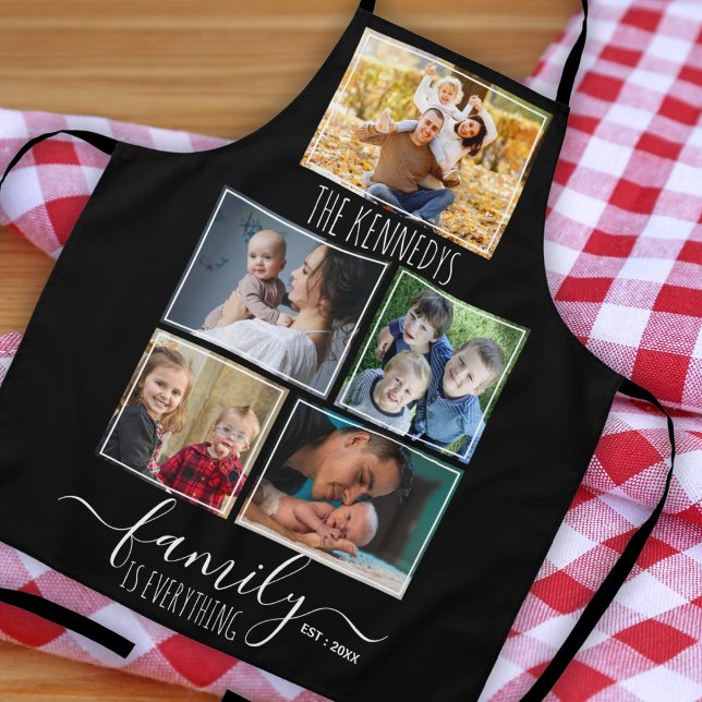Create Your Own 5 Photo Collage Family Name Black Apron (Create Your Own 5 Photo Collage Family Name Black Apron Holiday gift for mom,grandma or daughter.)