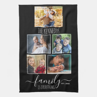 Create Your Own 5 Photo Collage Family Name Black Kitchen Towel
