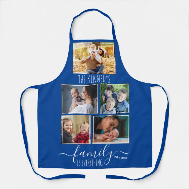 Create Your Own 5 Photo Collage Family Name Blue Apron (Front)