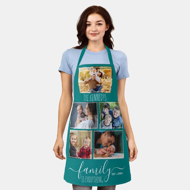 Create Your Own 5 Photo Collage Family Name Teal Apron (Worn)