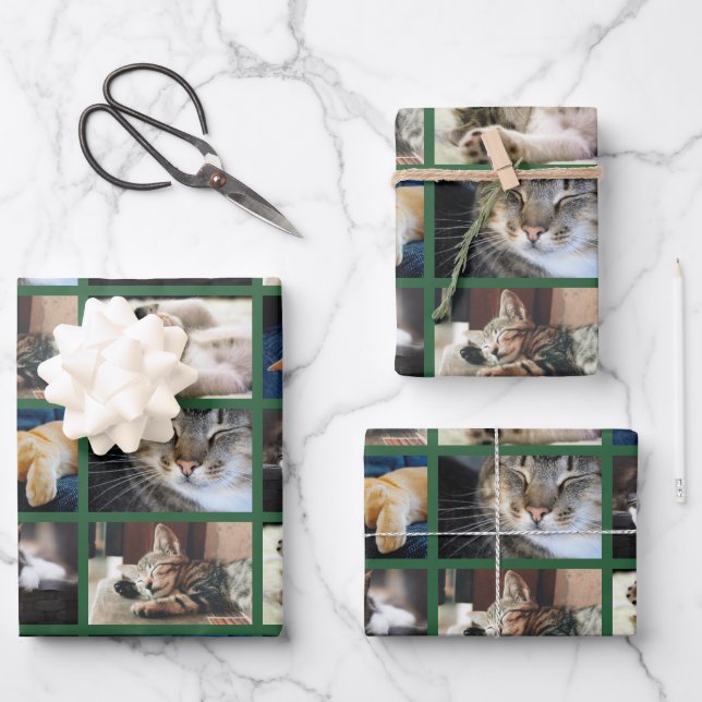 Create Your Own 5 Photo Collage Green Border Wrapping Paper Sheets (Front)