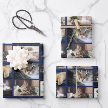 Create Your Own 5 Photo Collage Navy Blue Border Wrapping Paper Sheets by RocklawnArts at Zazzle