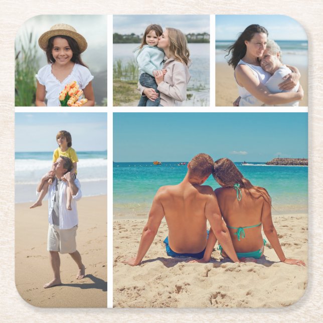 Create Your Own 5 Photo Collage Square Paper Coaster (Front)