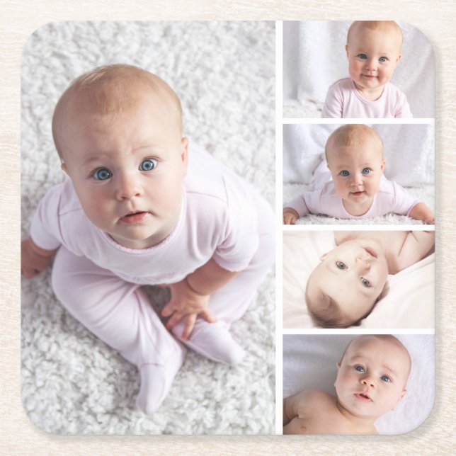 Create Your Own 5 Photo Personalized  Square Paper Coaster (Front)