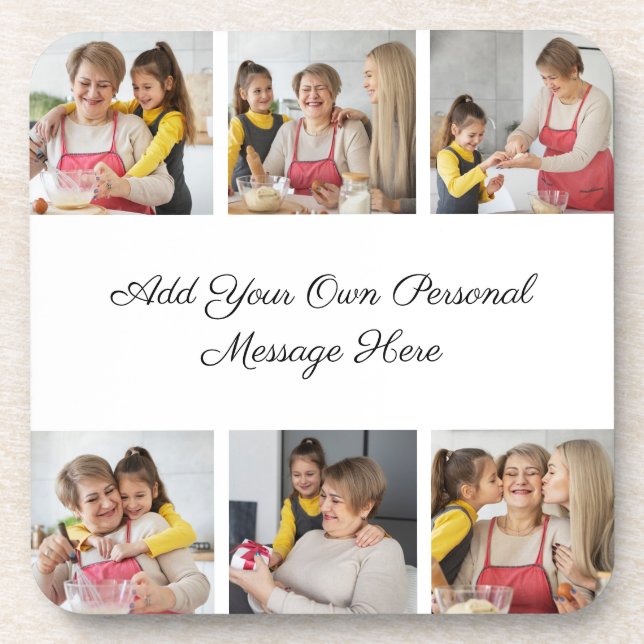 Create Your Own 6 Photo Collage Add Your Greeting Beverage Coaster (Front)