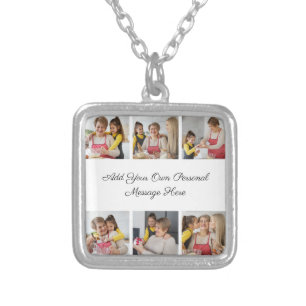 Create Your Own 6 Photo Collage Add Your Greeting Silver Plated Necklace
