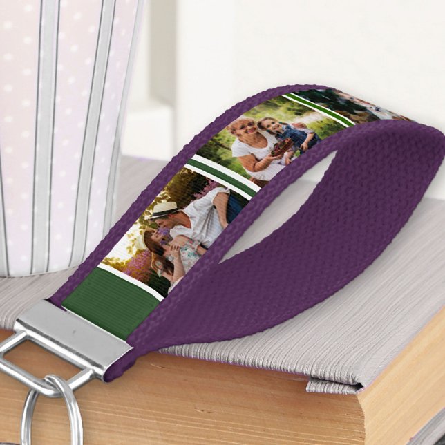 Create your Own 6 Photo Collage Dark Green White Wrist Keychain (Creator Uploaded)