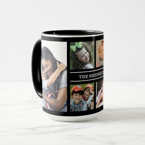 Create Your Own 6 Photo Collage Family Name Black Mug