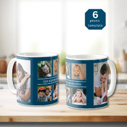 Create Your Own 6 Photo Collage Family Name Blue Coffee Mug