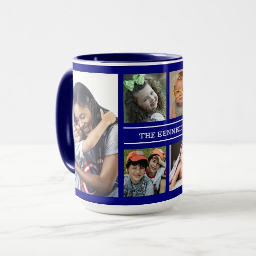 Create Your Own 6 Photo Collage Family Name Blue Mug