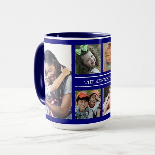 Create Your Own 6 Photo Collage Family Name Blue Mug (Front Left)