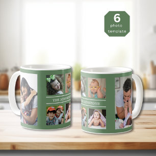 Create Your Own 6 Photo Collage Family Name Green Coffee Mug