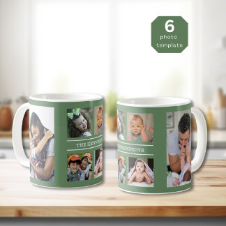 Create Your Own 6 Photo Collage Family Name Green Coffee Mug
