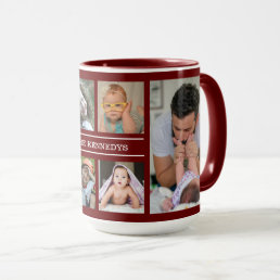 Create Your Own 6 Photo Collage Family Name Maroon Mug