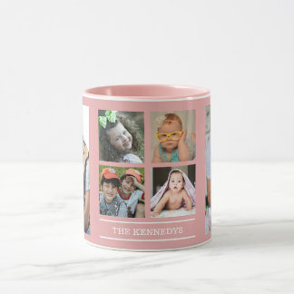 Create Your Own 6 Photo Collage Family Name Pink Mug