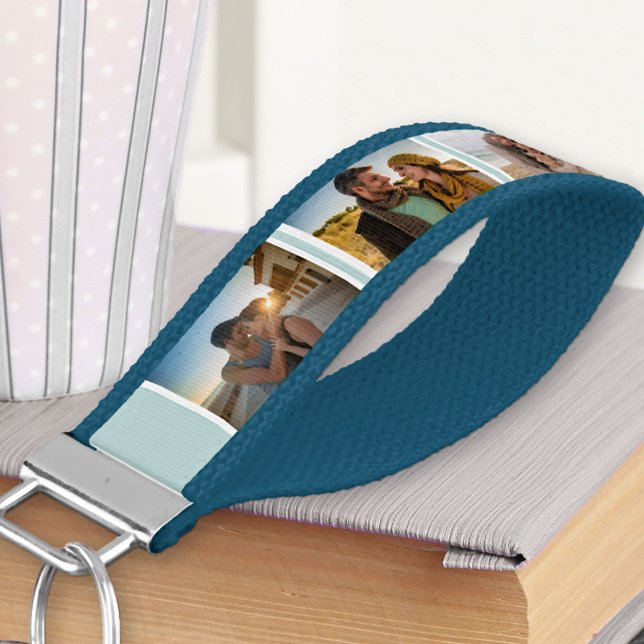 Create your Own 6 Photo Collage Misty Blue White Wrist Keychain (Creator Uploaded)