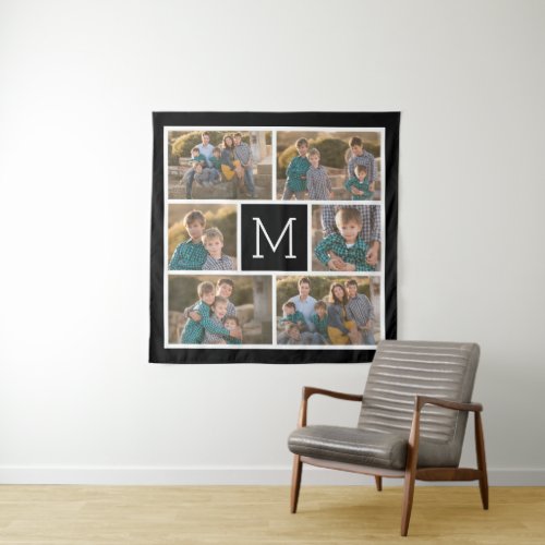 Create Your Own 6 Photo Collage _ Monogram Black Tapestry