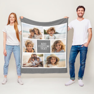 Create Your Own 6 Photo Collage - Monogram Gray Fleece Blanket