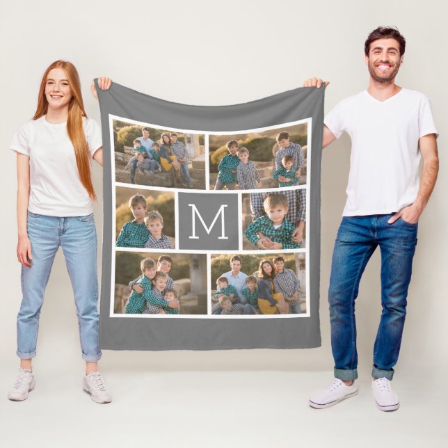 Create Your Own 6 Photo Collage - Monogram Gray Fleece Blanket (In Situ)