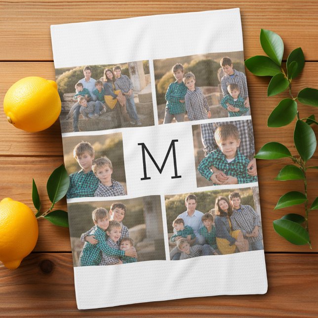 Create Your Own 6 Photo Collage - Monogram White Kitchen Towel (Add 6 photos - personalized kitchen towel)