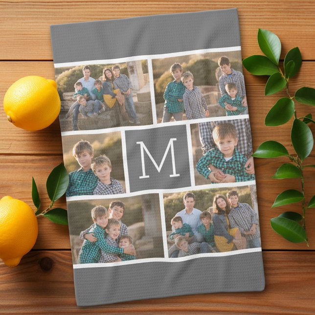 Create Your Own 6 Photo Collage - Monogram White Kitchen Towel (Custom Kitchen Towel with Photo Collage)
