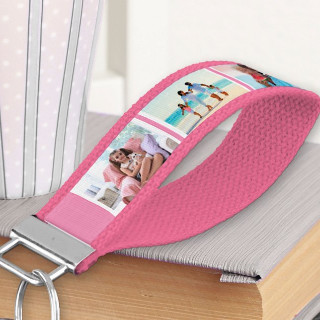Create your Own 6 Photo Collage - Pink White Wrist Keychain (Creator Uploaded)