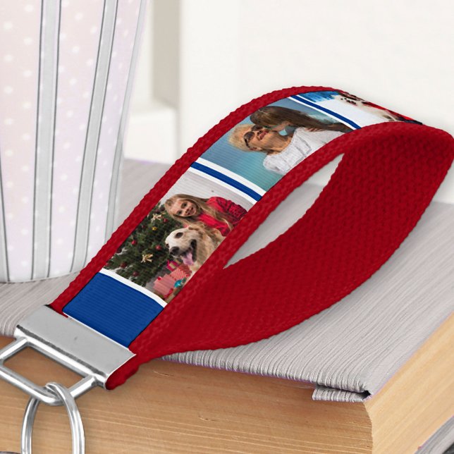 Create your Own 6 Photo Collage Red White and Blue Wrist Keychain (Creator Uploaded)