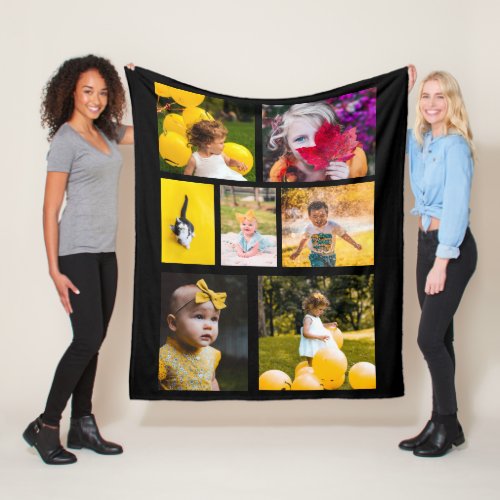 Create Your Own 7 Photo Collage Black  Fleece Blanket