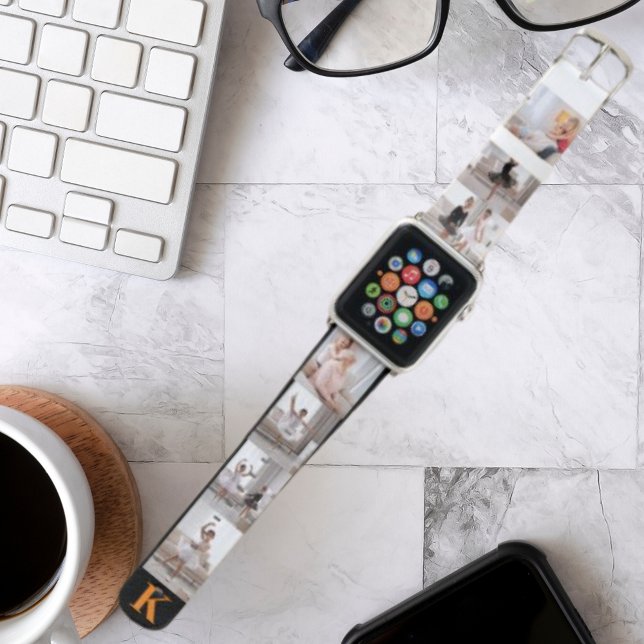 Create Your Own 7 Photo Collage Golden Monogrammed Apple Watch Band (Creator Uploaded)