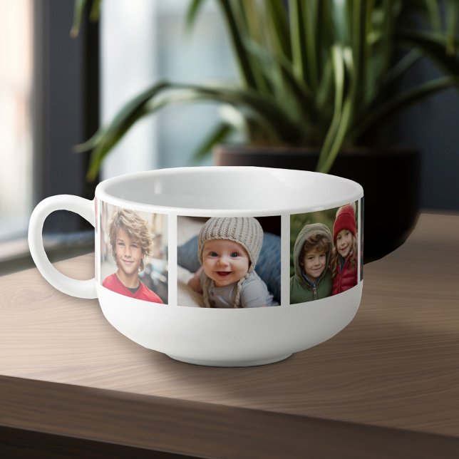 Create Your Own 7 Photo Collage - minimal design Soup Mug (Personalized Soup Mug - Add Your Photos and Text for a Great Gift)