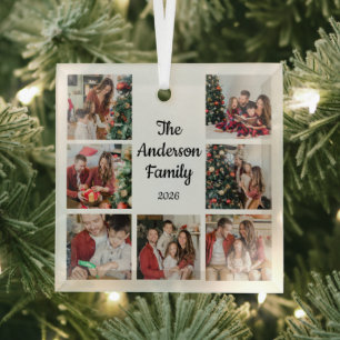 Create Your Own 7 Photo Family Name Glass Ornament