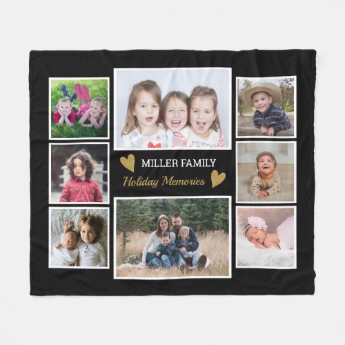 Create Your Own 8 Family Photo Collage Black Fleece Blanket