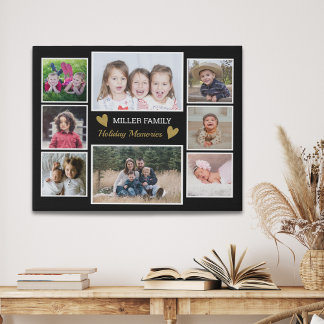 Create Your Own 8 Family Photo Collage Gold Black Faux Canvas Print