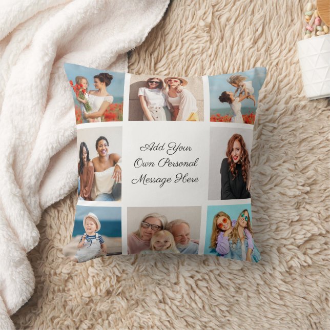 Create Your Own 8 Photo Collage Add Your Greeting Throw Pillow (Blanket)