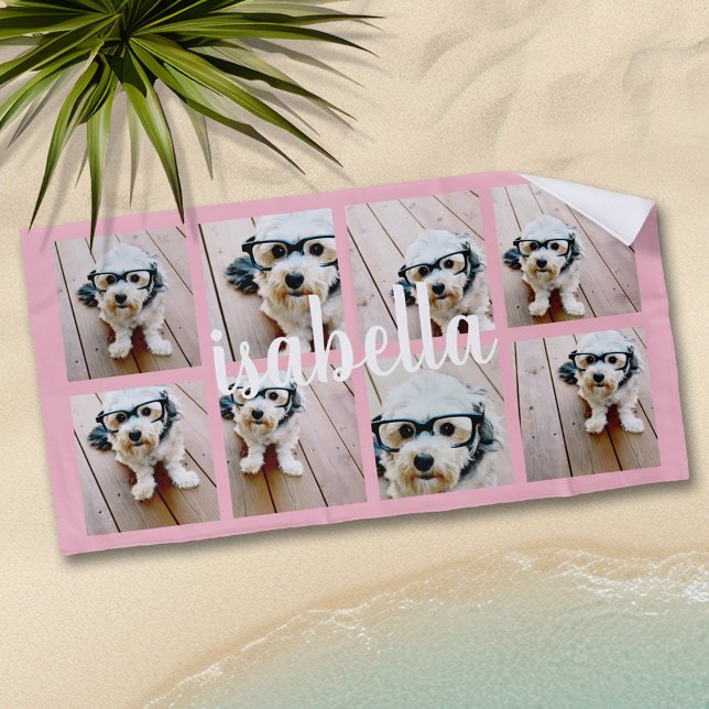 Create Your Own 8 Photo Collage Custom Name Pink Beach Towel (Personalized Beach Towel - Add Photos and Text)