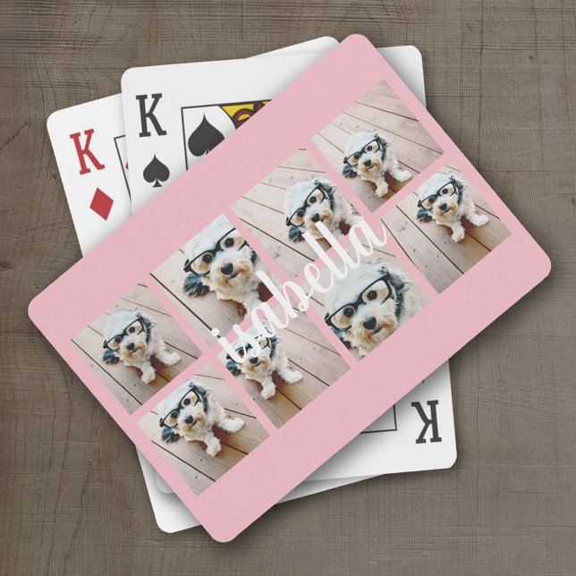 Create Your Own 8 Photo Collage Custom Name Pink Poker Cards (Personalized Playing Cards)