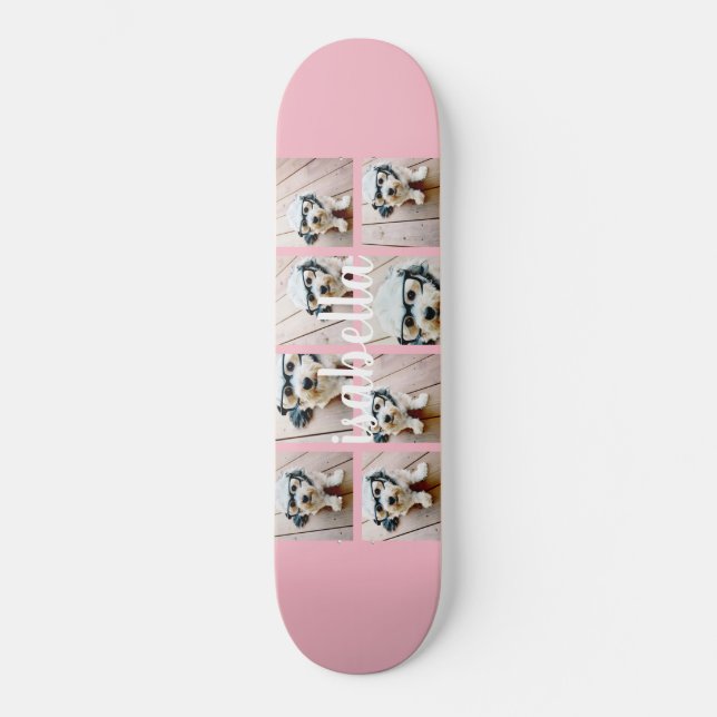 Create Your Own 8 Photo Collage Custom Name Pink Skateboard (Front)